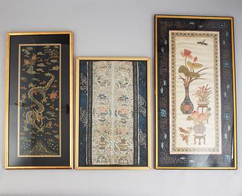 A group of Chinese silk embroideries, late Qing dynasty. Framed.