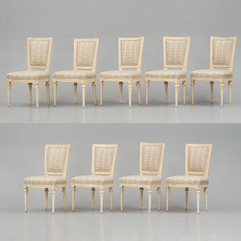 A set of nine Gustavian chairs by A Hellman (master in Stockholm 1761-94) and E Ståhl (master in Stockholm 1794-1820).