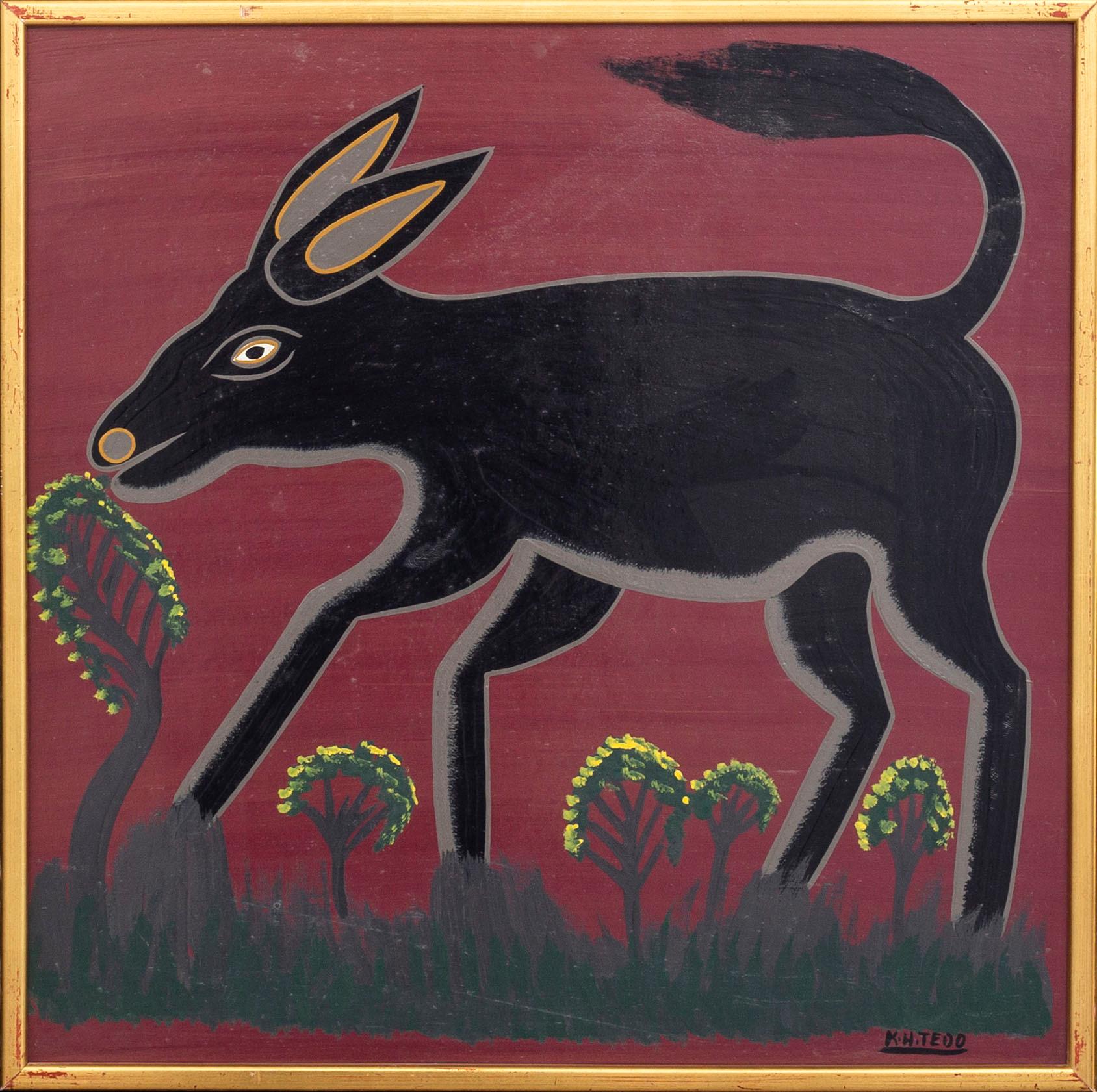 An 1970:s Kasper Henrik Tedo, so called Tingatinga-painting, bicycle paint on masonite, signed.