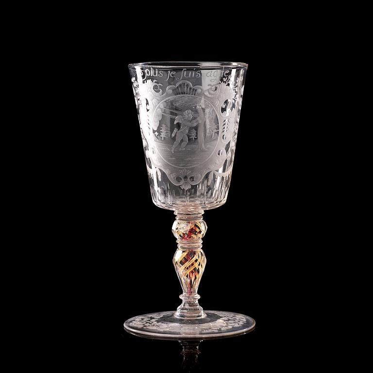 A Bohemian cut and engraved glass goblet, 18th Century.