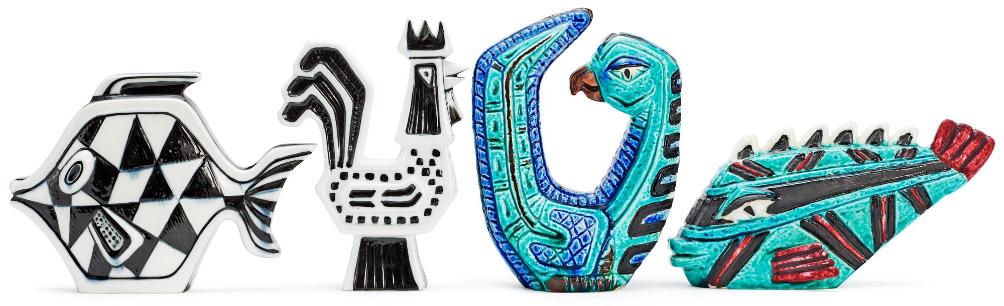 Four Gunnar Nylund stoneware figures, a rooster, bird and two fishes, Rörstrand.