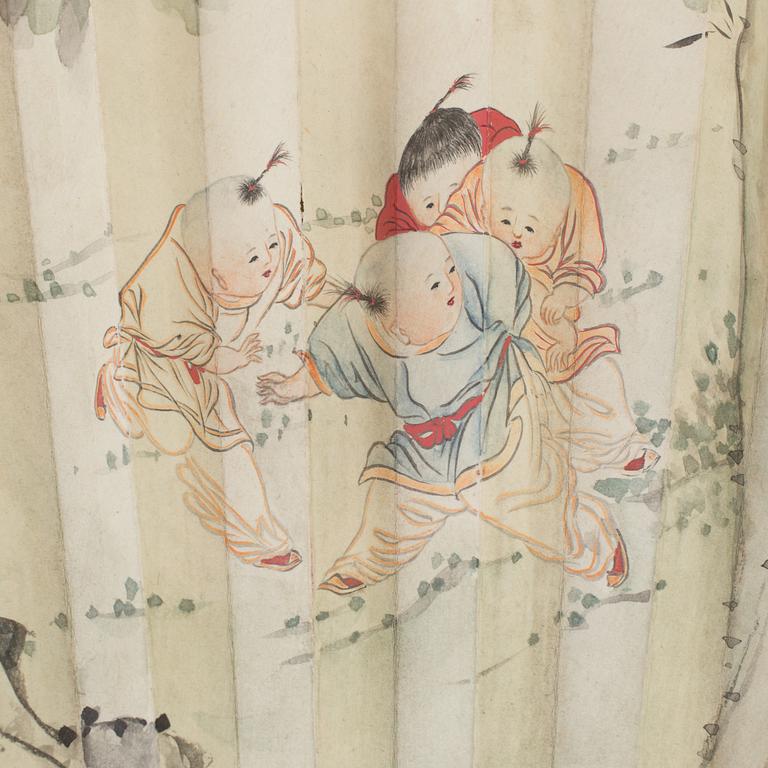 A fan leaf painting by Wu Shidan, signed and dated 1942.