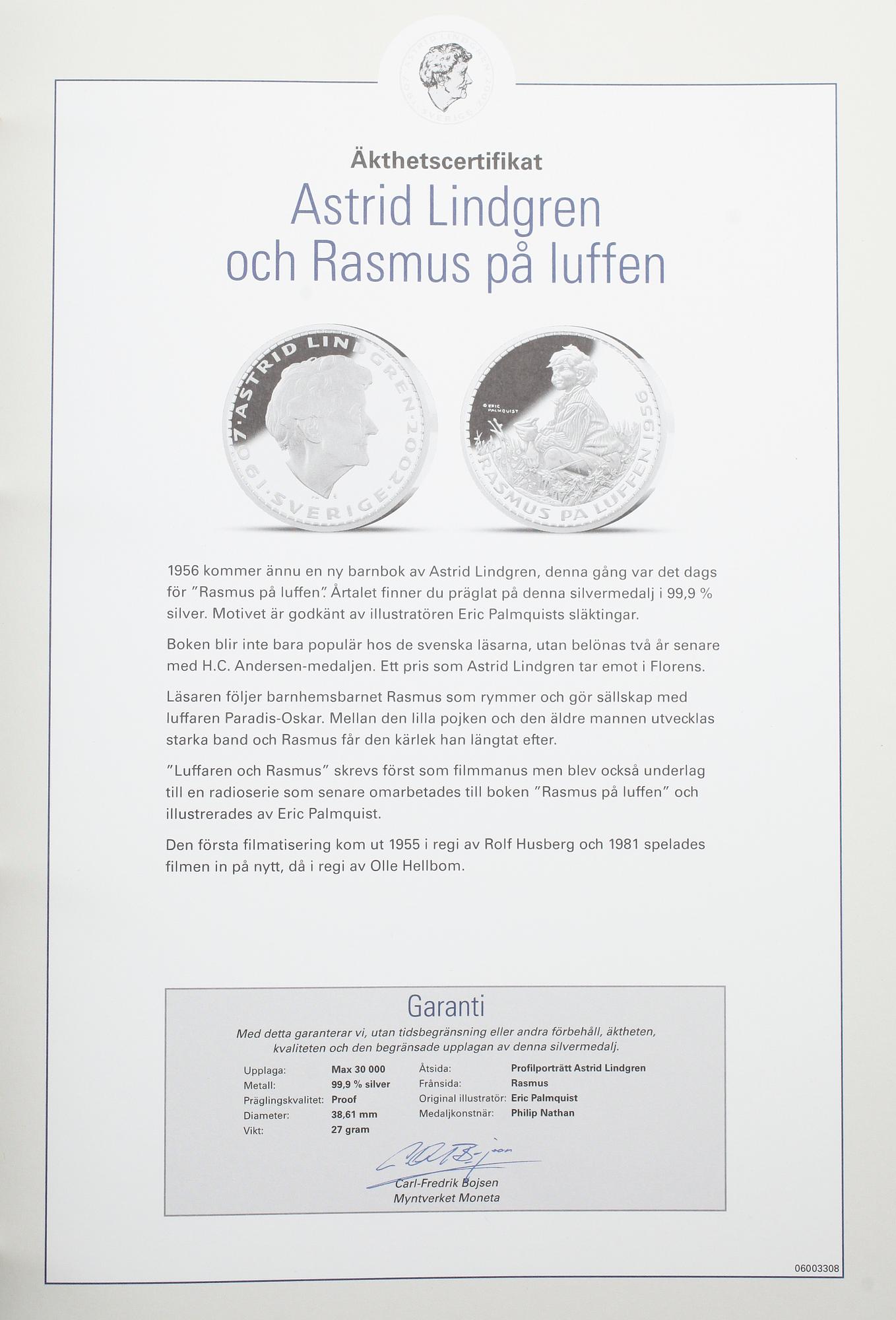 MEDALJER, 14 st, silver, Astrid Lindgren,1900-tal. Vikt ca 378 g.