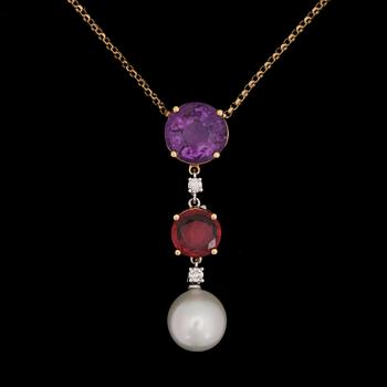 154. A cultured South sea pearl, amethyst and granet pendant set with a brilliant-cut diamonds, total carat weight 0.15 ct.