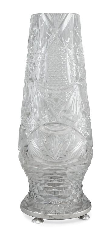 A VASE, chrystal, silver. The silver base is marked Morozov, St. Petersburg turn of century 18/1900. Height 36 cm.