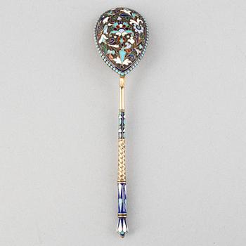 A Pair of Silver and Enamel Napkin Rings and Spoon, Russia 1896-1926.