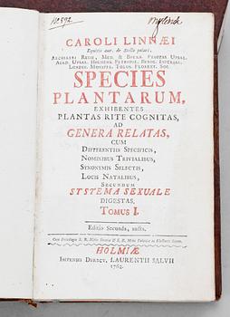 BOKVERK, 2 vol, "Species Plantarum exhibentes plantas rite..." av Carl von Linné, Stockholm 1762 resp 1763.