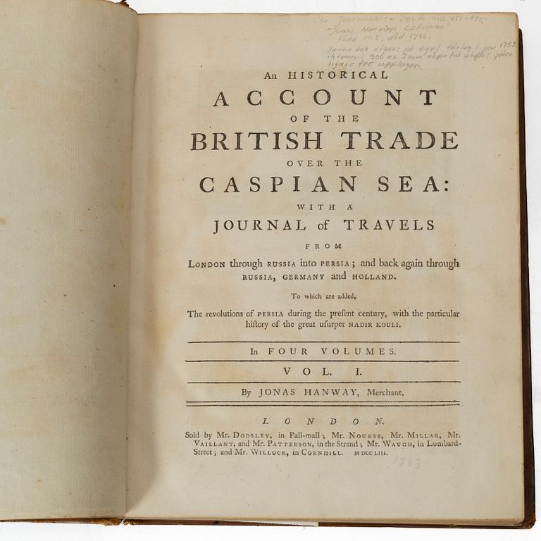 A collection of "Hanway's Travels in Persia" as well as "Tapestries with Figures from the 16th and 17th Centuries" etc.