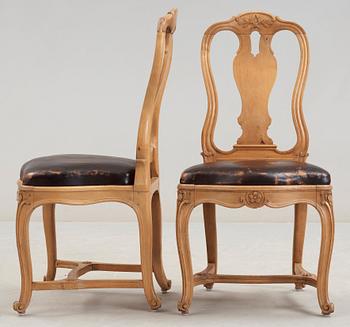 Six Swedish Rococo chairs, by C. J. Wadström. Also comprising two modern Rococo style armchairs.