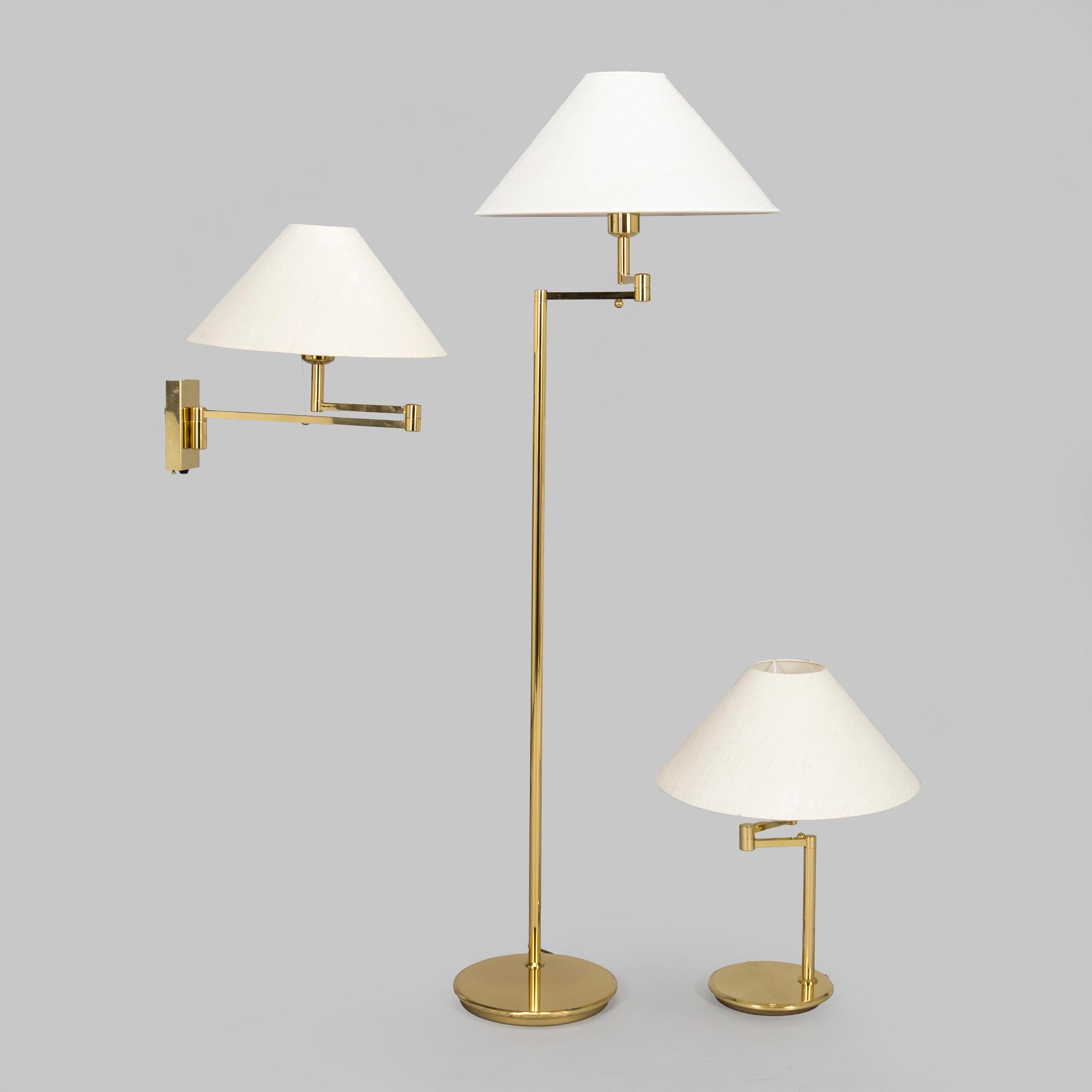 A 1970s/80s brass floor lamp, wall lamp and table lamp for Hövik verk.