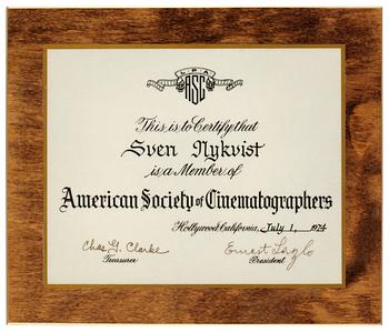 MEDLEMSCERTIFIKAT, American Society of Cinematographers (ASC) 1974.