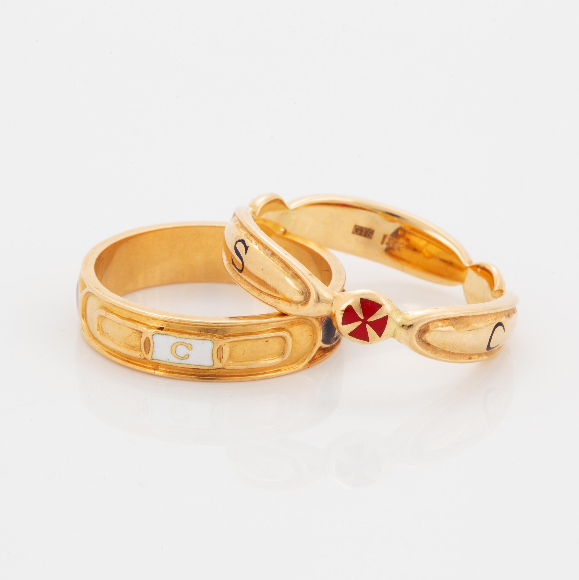 Two rings, 18K gold and enamel.