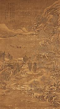 420. A hanging scroll of a river and mountain landscape in the style of Liu Songnian (1155-1218), Qing dynasty, 19th century.