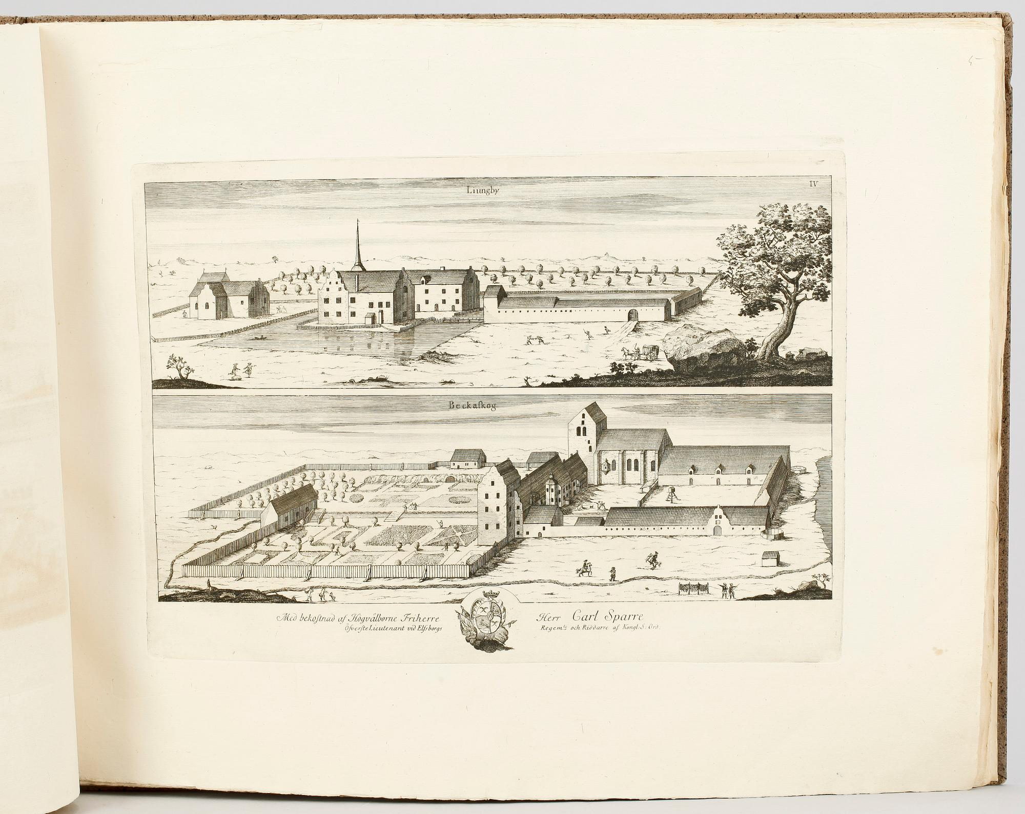 BOK, "Prospecter af åtskillige märkvärdige Byggnader, Säterier och Herre-gårdar uti Skåne" av Abraham Fischer och Gerhard von Burman, 1756.