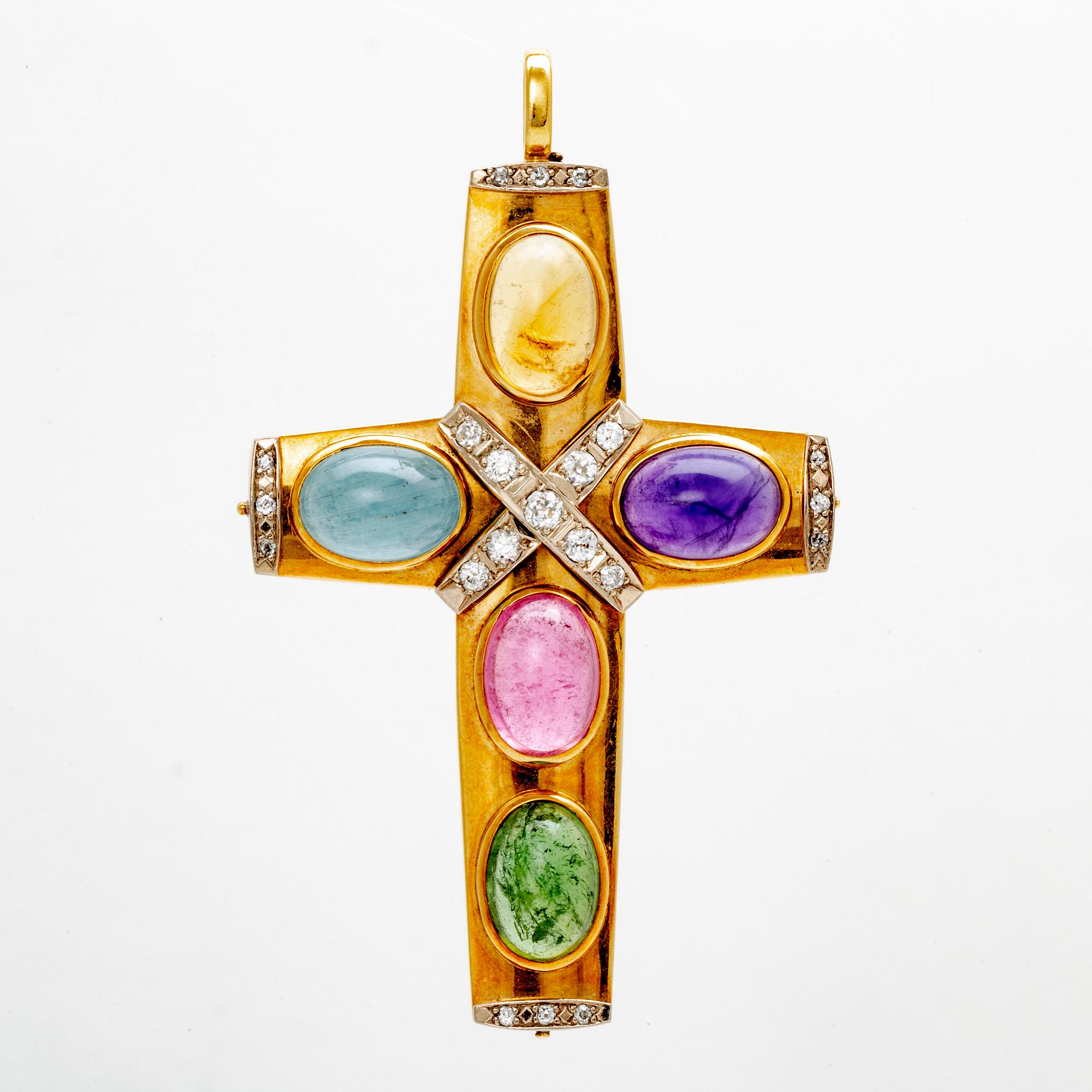 Hänge i form av ett kors, 18K guld, cabochonslipade stenar och åttkant- samt gammalslipade diamanter.