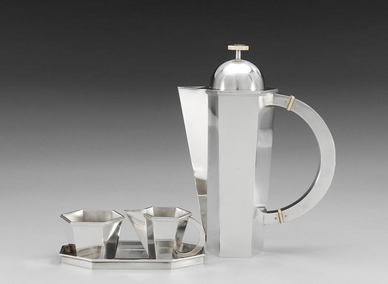 A Wiwen Nilsson 3 pcs sterling coffee service with a small tray, Lund 1968-71.