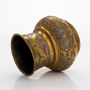A Judaica vase in brass, copper and silver. Cairo ware with hebrew text. Egypt/Syria, turn of the 19th/20th century.