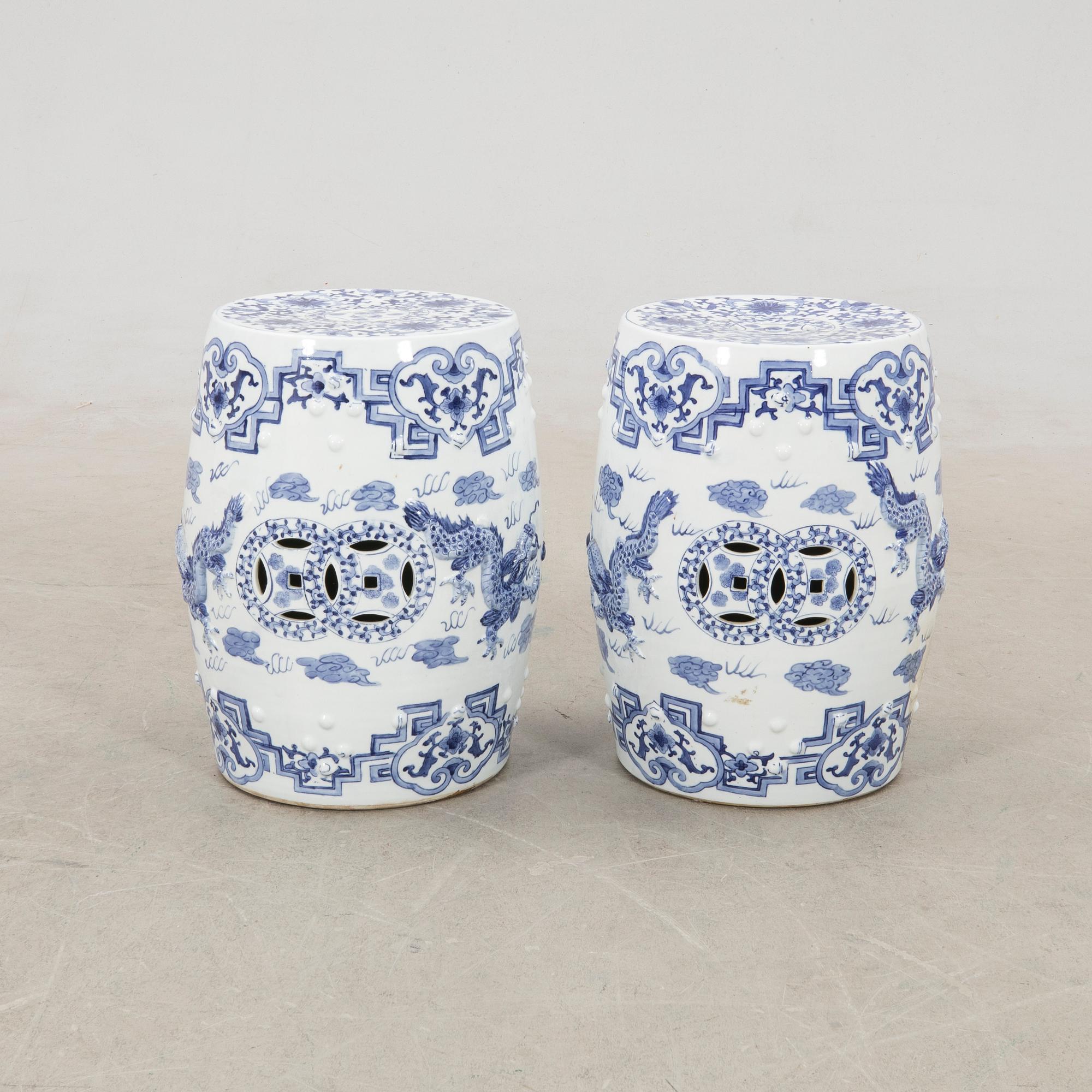 A pair of Chinese blue and white garden stools, 20th century.