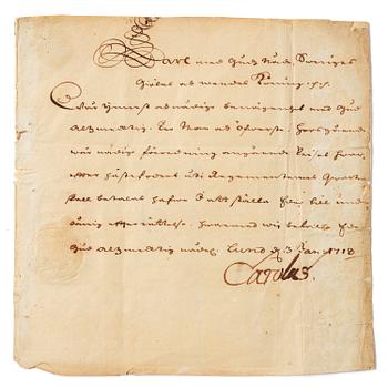 220. Karl XII, handwritten letter presumably to Colonel Henrik Falkenberg of Bålby, dated Lund 3 Jan 1718.