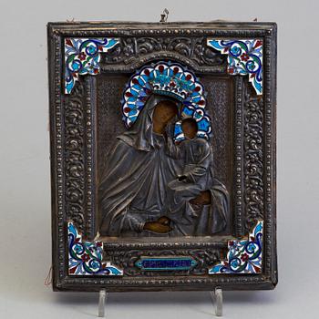 A Russian icon "The Mother of God" silver rizza and enamel cloissonné maker's mark Ivan Tarabov, Moscow, around 1900.