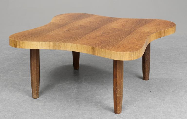 A G.A. Berg walnut and oak irregularly shaped sofa table, 1940-50's.