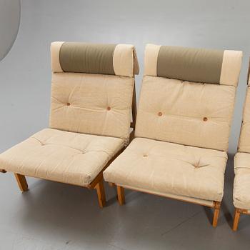 A set of five pine 1970:s easy chairs by Bernt Pedersen 'Kludestol', Denmark.