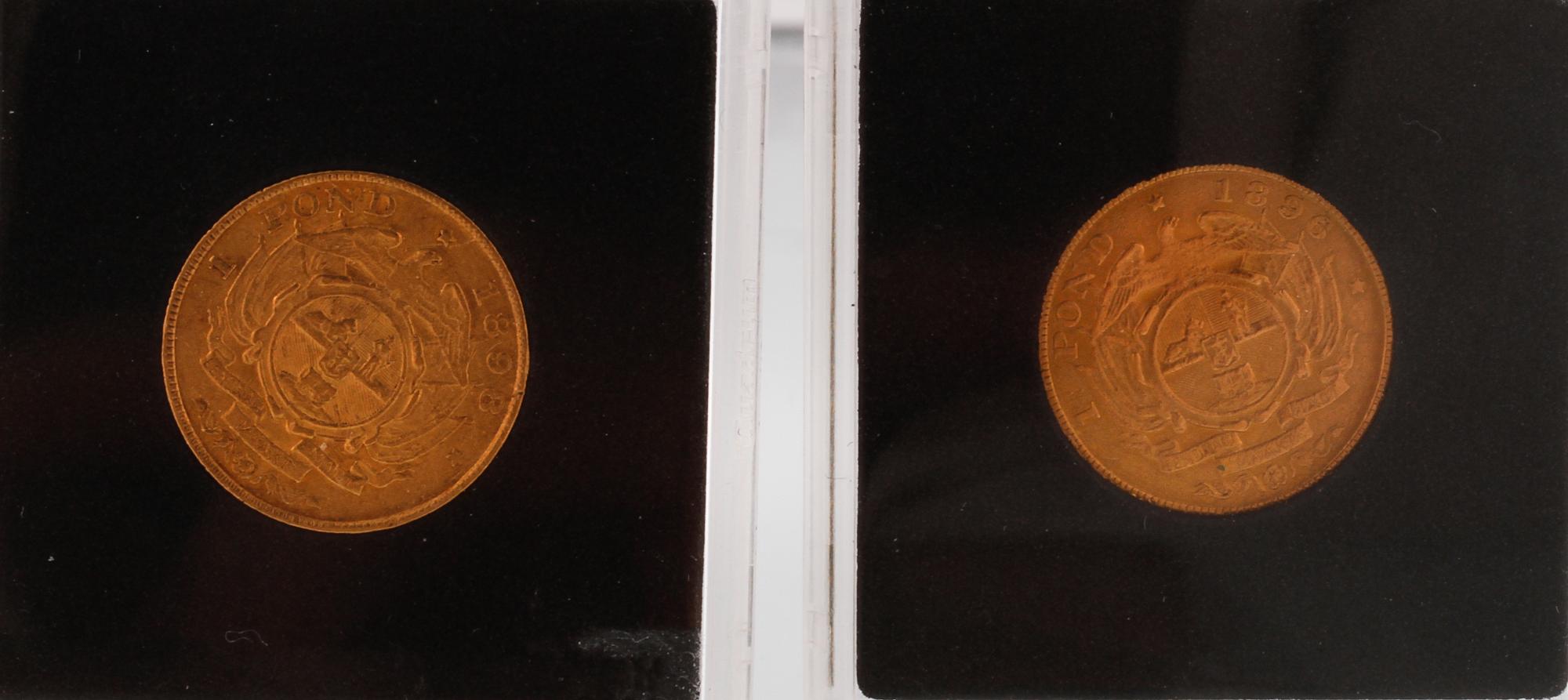 MYNT, 2 st, 1 Pond, Sydafrika, 1896 samt 1898. Vikt 8 + 8g.