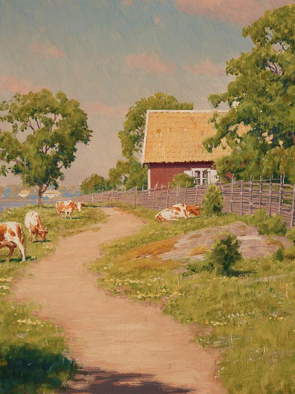 Johan Krouthén, Summer landscape with cabin, lake and cows.