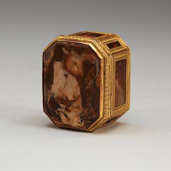 A gilt-brass, stone and glass box with double-folded lid with erotic scene. Louis XVI.