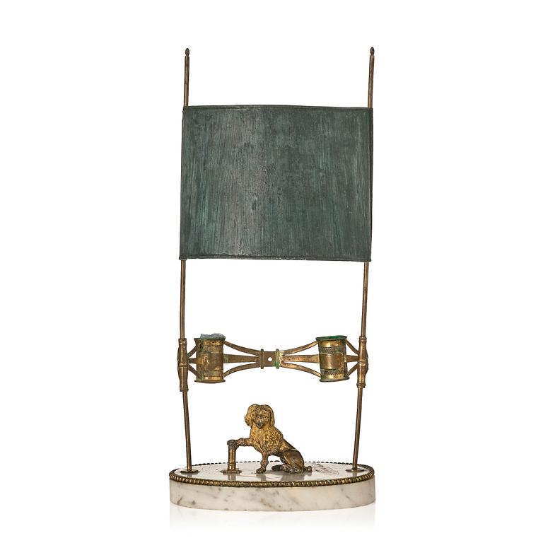 A late gustavian marble and gilt brass two-light reading lamp, late 18th century.