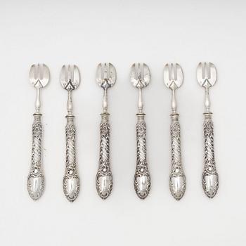 A set of six French silver oyster forks, mark of Henri Gabert, Paris, active 1882-1901.