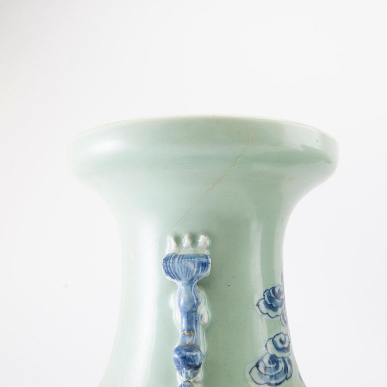Two underglaze blue and celadon ground vases, late Qing dynasty and 20th century.