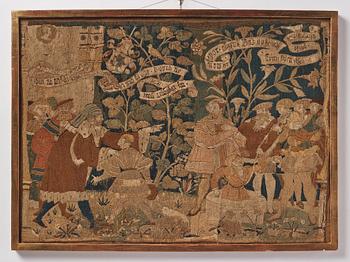 An embroidered framed fragment of a Swiss table carpet, first half of the 16th century.