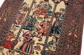 An antique pictoral Isfahan carpet, Central Persia, "Yusuf & Zuleika", c. 208 x 142 cm.