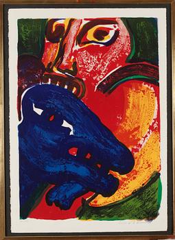 Bengt Lindström, "Les amoureux de rouge"; "Femme au chien loup"; "Chien blanc d'Espagne"; "La tulipe de Hollande".
