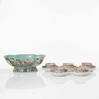 A set of five famille rose tea cups, Qing dynasty, 18th century and a bowl, Qing dynasty, 19th century.