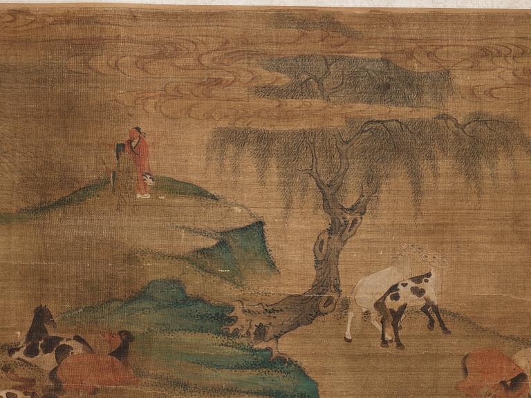 A long scroll painting after Zhao Yong (Zhao Zhongmu 1289-1369), ink and colour on paper and on silk, Qing dynasty.