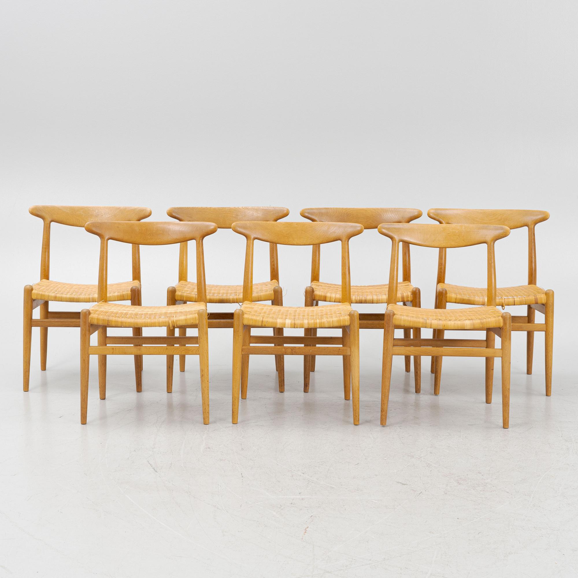 Hans J. Wegner, chairs, 7 pcs, "W2", CM Madsen, Denmark, designed in 1953.