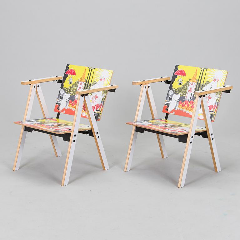 Yrjö Kukkapuro, Children's furniture, two 'Moomin S chairs'  and a table collaboration with Modeo and Moomin Characters.