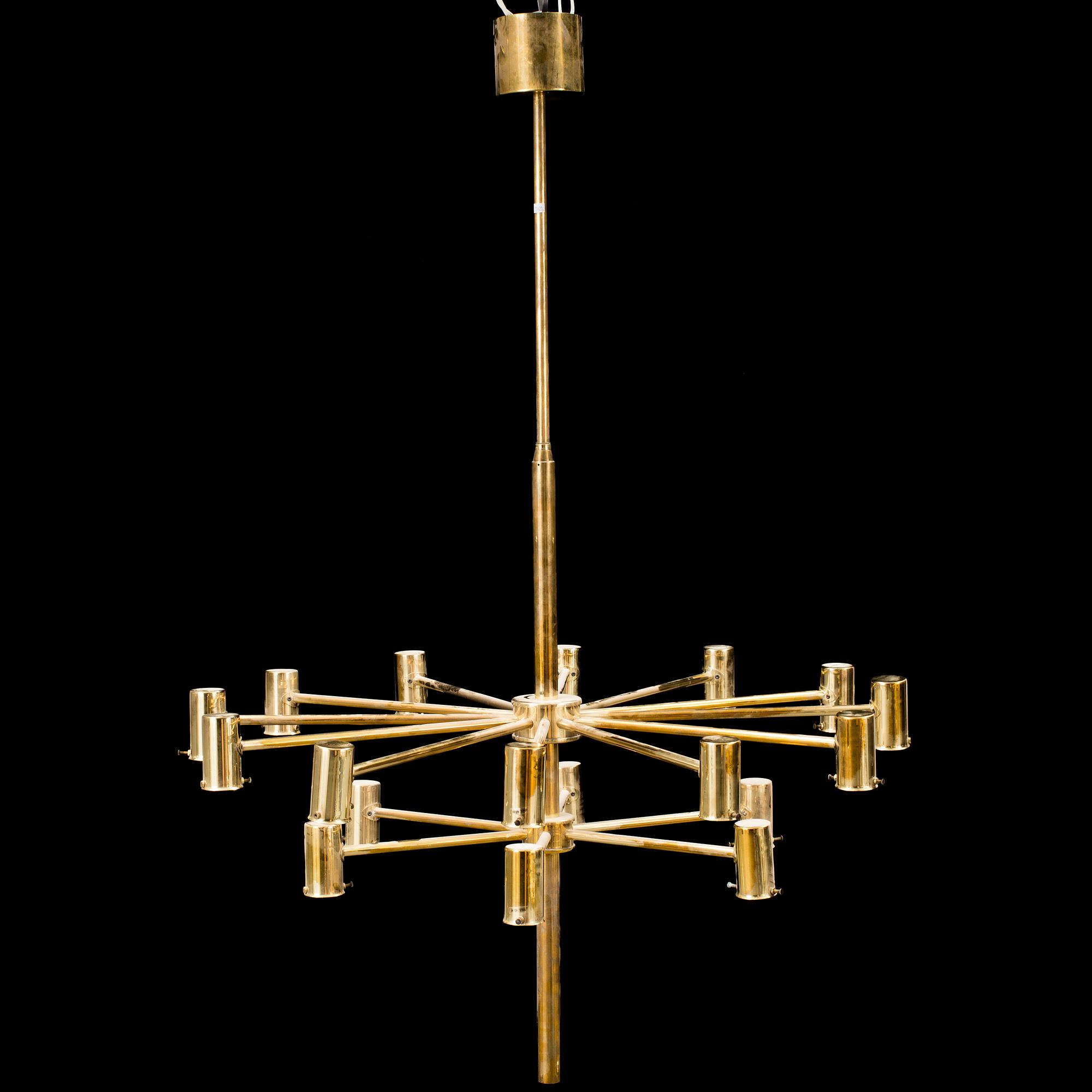 A 20th century brass and smoked glass chandelier by Hans Agne Jakobsson, Markaryd, Sweden.