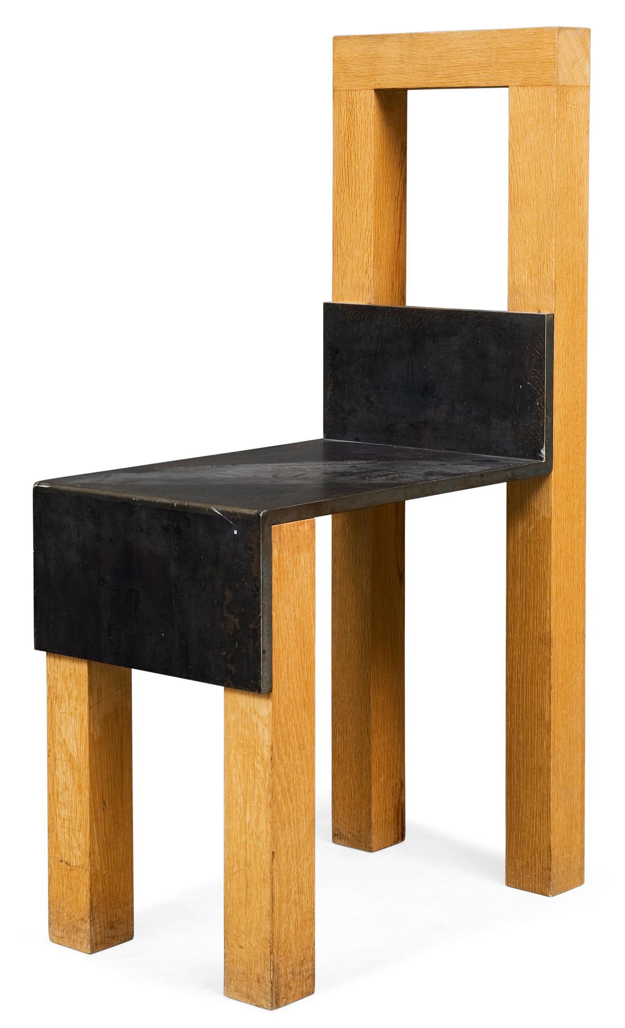 A Jonas Bohlin oak and iron chair "Sto", Stockholm 1990.