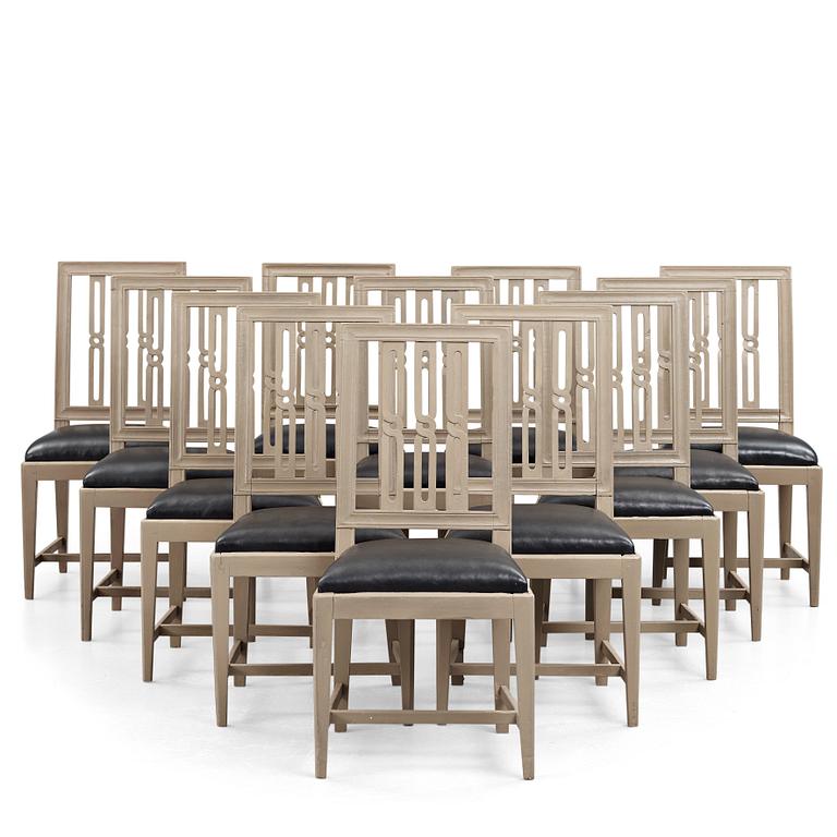 Twelve late Gustavian late 18th century chairs.