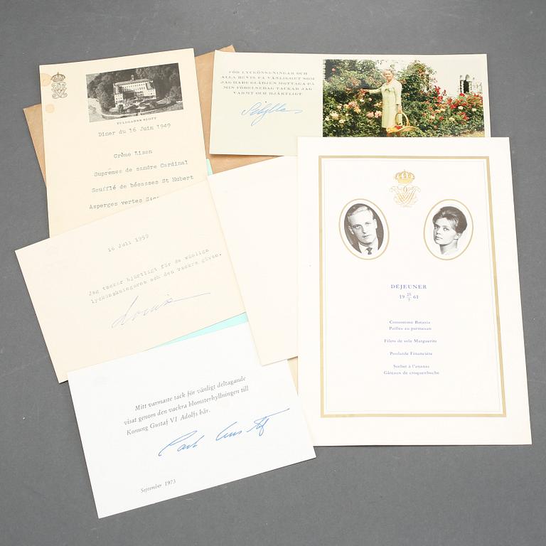 PARTI DIVERSE, matsedlar, inbjudningskort, tackkort från Gustav V, prins Bertil, prinsessan Sibylla, Prinsessan Birgitta.