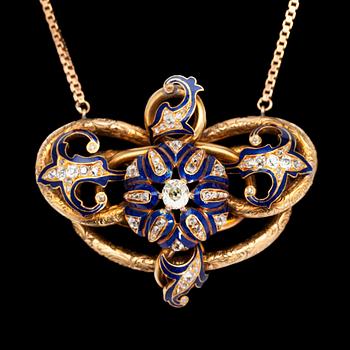 1311. An antique cut diamond, app. 0.85 cts, gold and blue enamel pendant, 19th century.