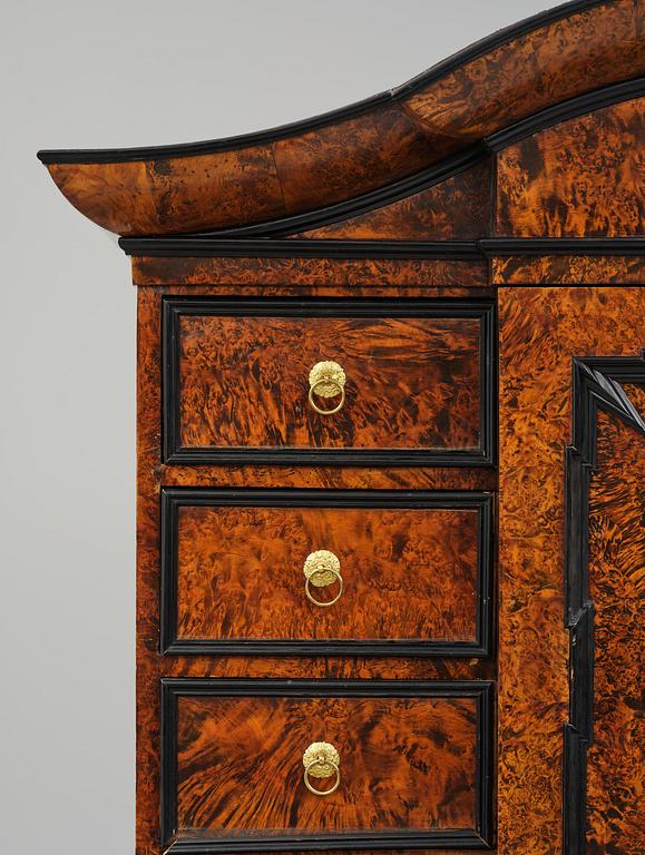 A Swedish burr-elm late baroque writing cabinet, first part 18th century.