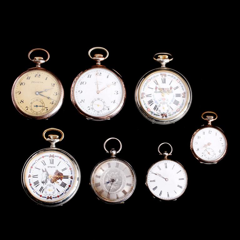 FICKUR, 7 st varav 4 i silver, 3 nickel, 1900-talets första hälft.