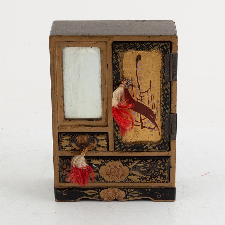 Doll, doll furniture, and table screen, Japan, wood, lacquer and paper, partly Showa, 20th century.