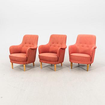 Carl Malmsten, a set of three Samsas armchairs.