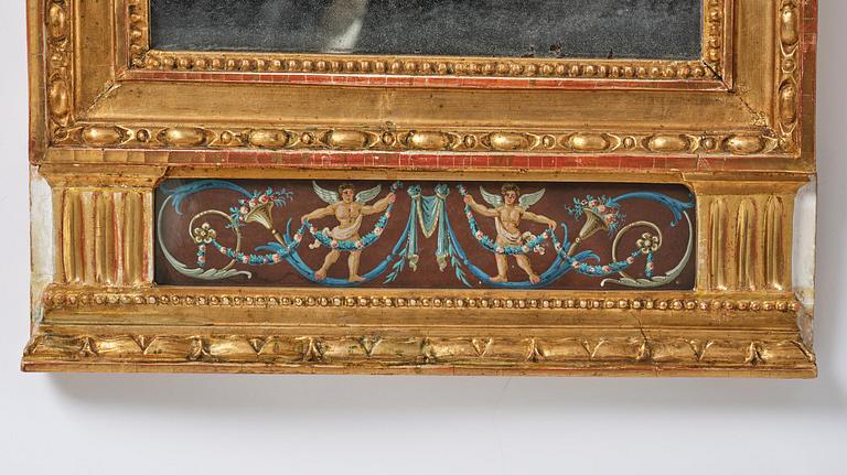 A pair of late Gustavian giltwood and gouache-inset mirrors, Stockholm, late 18th century.