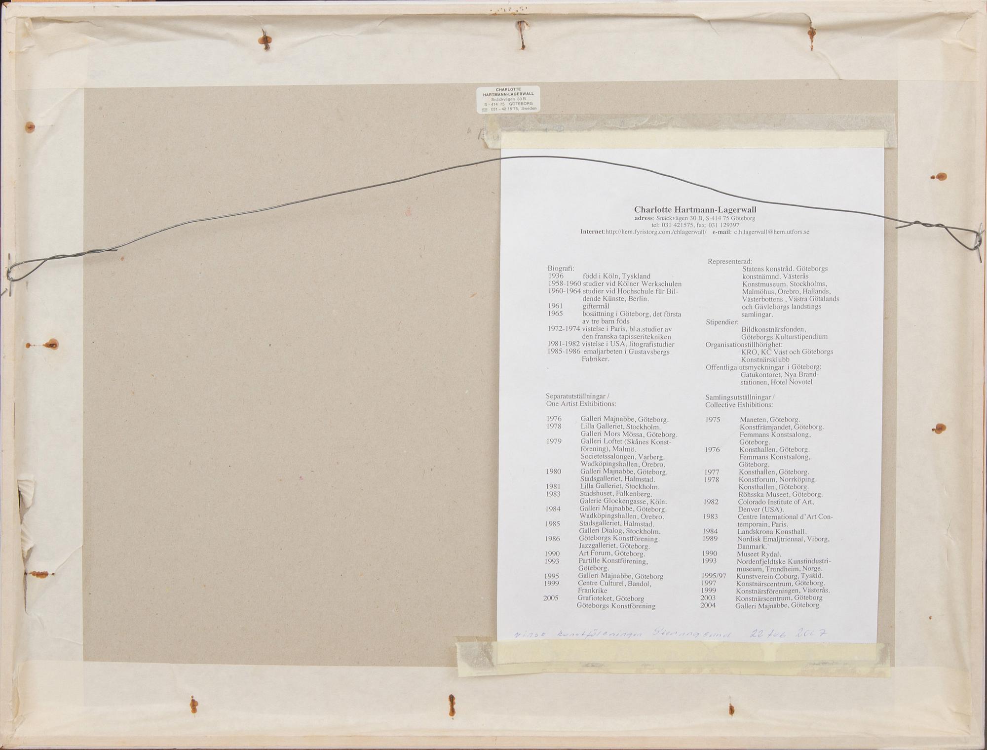 CHARLOTTE HARTMANN-LAGERWALL, akvarell, signerad.